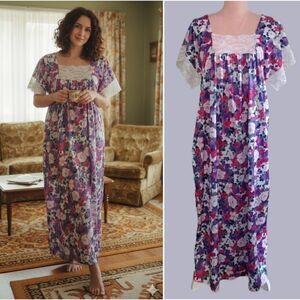 VTG 80s Valisere Colorful Purple Floral Lace Trim MooMoo Dress One Size